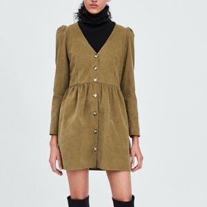 Zara| TRF Olive Green Corduroy V-Neck Puffed Long Sleeve Mini Dress Sz M